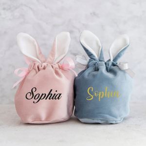 <b>Personalised</b> Bunny Ear <b>Bag</b> with Name, Custom Velvet Easter <b>Gift</b> <b>Bag</b>, Party Favour, Reusable Cute Tote Pouch - Product Image 1