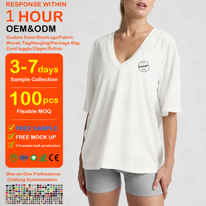 เสื้อยืดคอวีลึกทรงหลวมแขนสั้นแฟชั่นขายส่ง รับสกรีนโลโก้ เสื้อยืดคอวีสีขาวล้วนผ้าฝ้ายสำหรับผู้หญิง - Product Image 1
