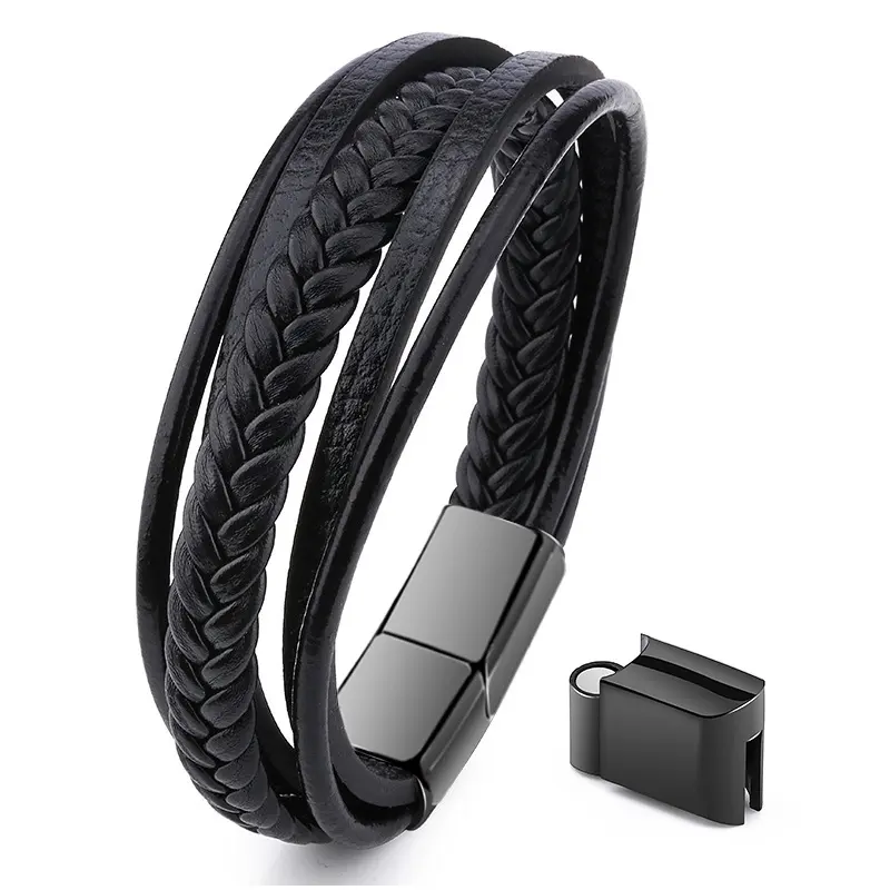 Punk Black Adjustable Stainless Steel Magnetic Buckle Male Leather Bracelet Jewelry