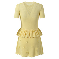 Robe Courte Femme en Maille Lacée à Manches Courtes, Motifs Floraux au Crochet, Découpes Creuses, Patchwork, Volants, Taille Cintrée