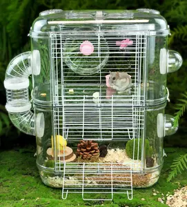 Groothandel Luxe Houten Dier Tunnel Huis Acryl Plastic Grote Drielaagse Hamster Villa Kooi