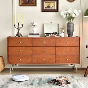 Commode vintage en bois massif à neuf tiroirs, buffet de style antique, commode en bois massif pour salon ou entrée - Product Image 1