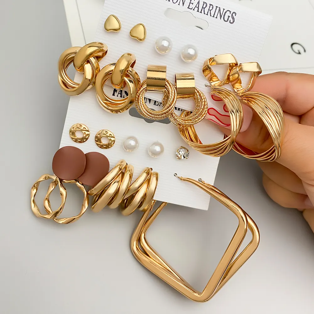New Geometric Gold Metal Big Circle Earrings Set For Women Punk Pearl Dangle Drop Earrings Trend Set of Earrings Jewelry Gift