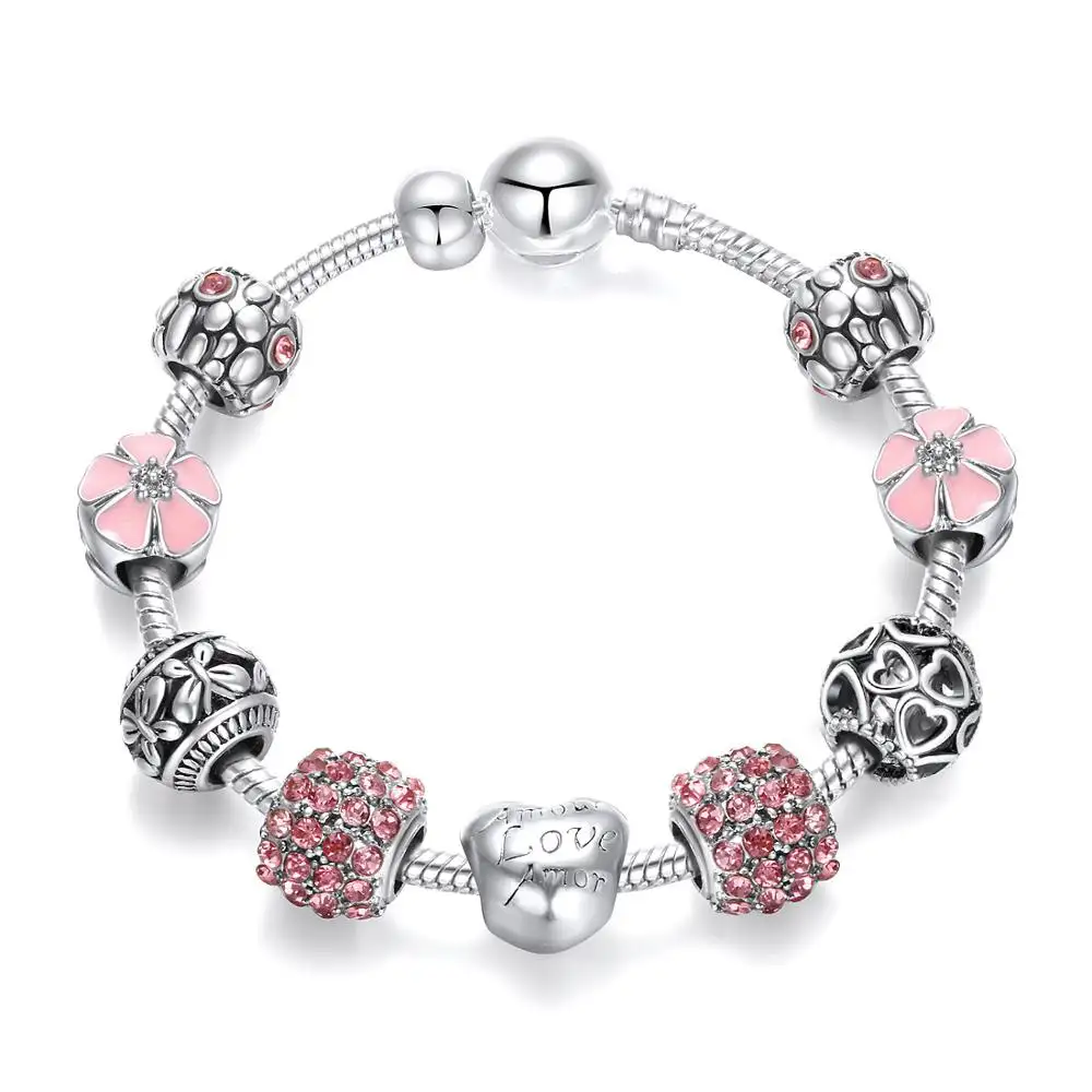 Pulsera de aleación de plata antigua para mujer, brazalete con cuentas de corazón de amor, gran oferta