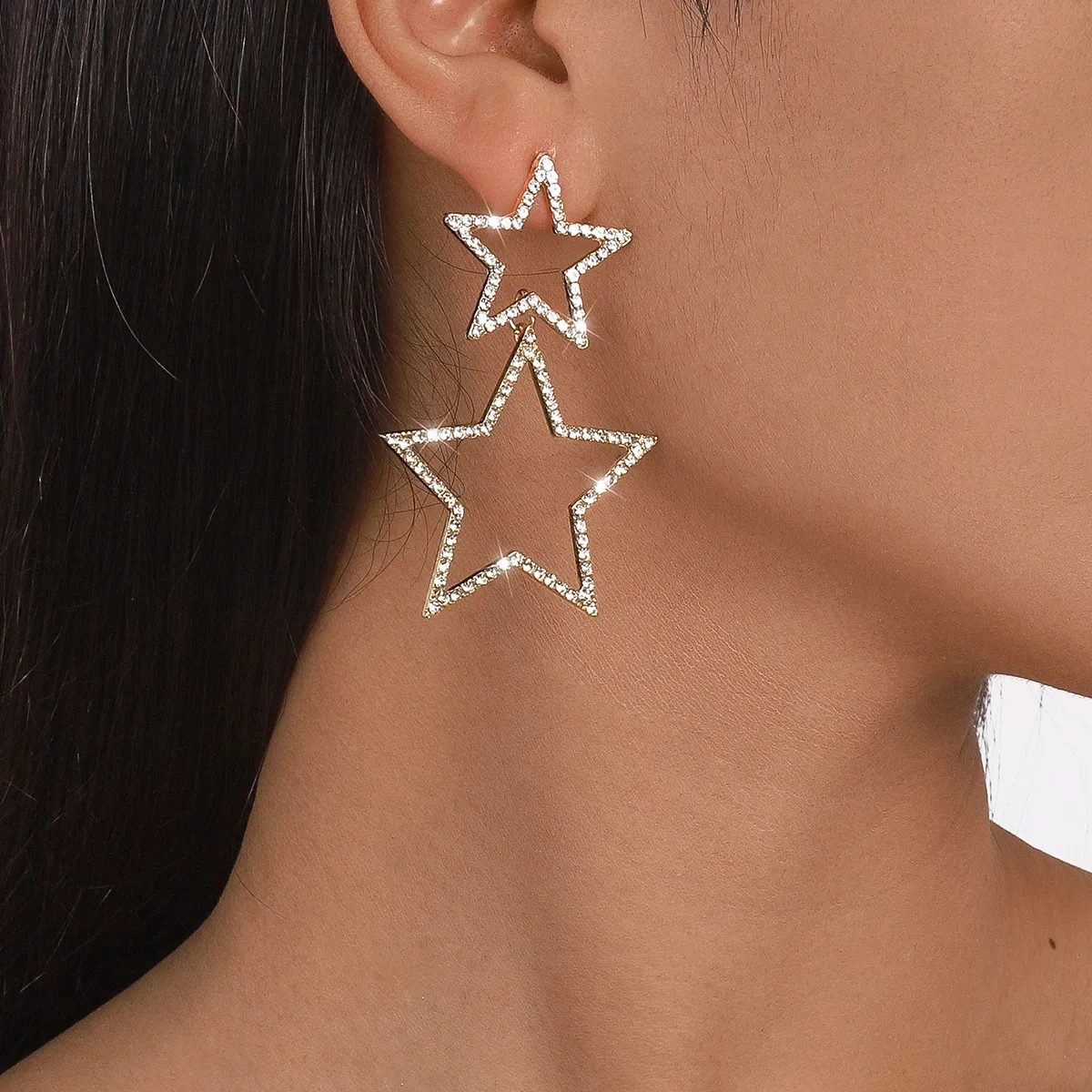 반짝 이는 스타 귀걸이 크리스탈 라인 석 중공 다섯 지적 스타 매달려 귀걸이 패션 보석 선물