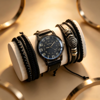 Set Jam Tangan Kulit Vintage Pria, Jam Tangan Analog Quartz Retro dengan Gelang Manik-Manik Kepang, Hadiah