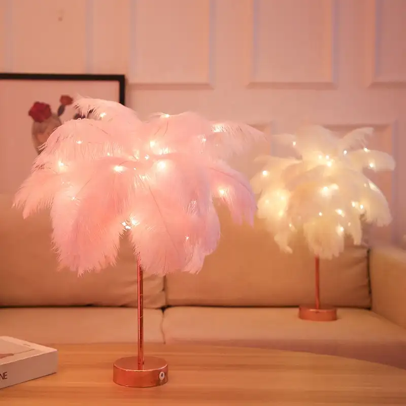 Lüks devekuşu modern ucuz taşınabilir ev dekoratif ışık masa tüy lamba başucu oturma odası dekor