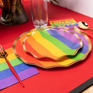 DAMAI 레인보우 테마 생일 파티 장식 일회용 식기 세트 접시 냅킨 종이 디너 플레이트