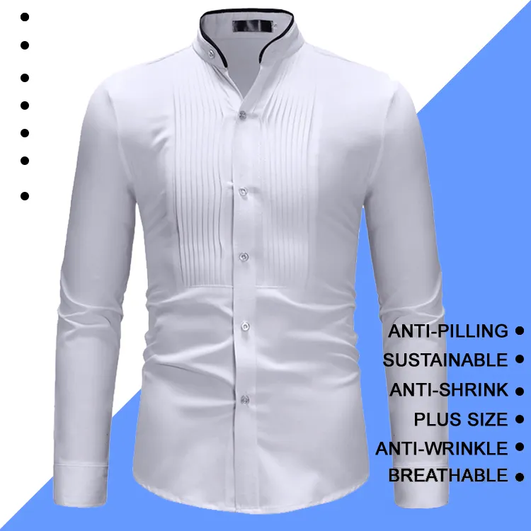 Men Classic Formal Front Pleated stand collar Fancy White Black stretch Dress Shirts For Wedding