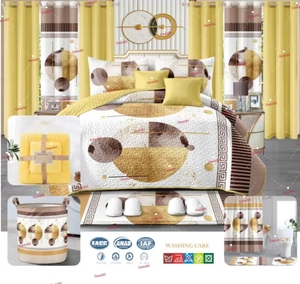 RTS 24 قطعة قماش ناعم مطبوع بالزهور الصفراء مخطط ورقة منقوشة مجموعة ملاءات سرير الملك الحديث ستائر غرفة المعيشة بالجملة - Product Image 4