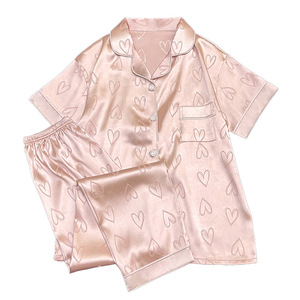 韩版家居休闲舒适睡衣Ins女生夏季可穿戴冰丝爱心印花短袖两件套 - Product Image 1