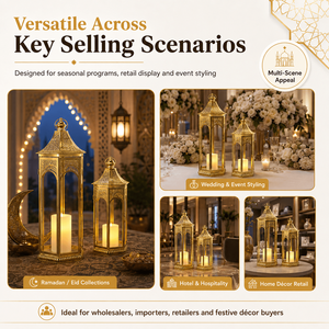 Ensemble de lanternes en verre et métal marocaines dorées en gros pour le Ramadan, grande lanterne à bougie pour la décoration du Ramadan, de l'Aïd et des mariages - Product Image 4