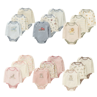 Ensemble de 3 barboteuses décontractées d'été à manches longues avec motifs imprimés mignons pour nouveau-né (0-3 mois) garçon ou fille, avec cintre