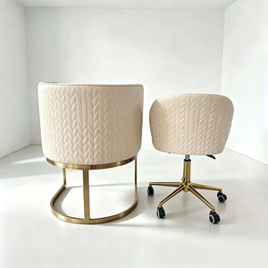 Fauteuil d'appoint de salon 2026 beige à coutures verticales, avec cadre doré, et fauteuil de technicien ajustable assorti pour salon de manucure et spa - Product Image 6