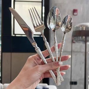 Ensemble de couverts en acier inoxydable, motif martelé, finition miroir poli, style européen, pour restaurant occidental, comprenant couteau à steak, fourchette et cuillère. - Product Image 4