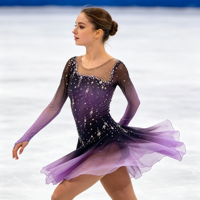 Robe de patinage artistique dégradé noir et violet à manches longues, dos croisé en maille, entièrement ornée de strass pour la compétition