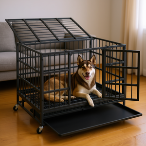 Cage pour chien en métal robuste de 38 pouces avec roulettes verrouillables et plateau, transporteur pliable pour chiens - Product Image 2