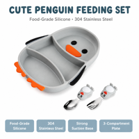 Ensemble d'assiettes en silicone de qualité alimentaire en forme de pingouin Assiette à dîner pour bébés et enfants Cuillère d'aspiration sans BPA Vaisselle d'alimentation pour tout-petit