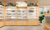 Vitrine de présentation de produits de soin de la peau sur mesure, design d'intérieur de boutique de maquillage personnalisé, étagères de présentation de cosmétiques en bois