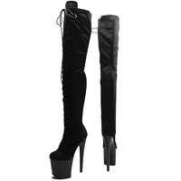 20CM / 8 pouces daim supérieur femmes mode talon haut plate-forme avant à lacets Stretch cuisse haute botte pôle bottes de danse