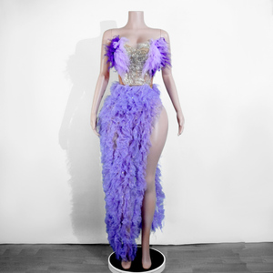 Vestido de mujer morado de calidad premium para Drag Queen, sexy, de malla transparente con purpurina, corsé de encaje, con abertura alta, para baile, ropa de escenario, fiesta en discoteca - Product Image 1