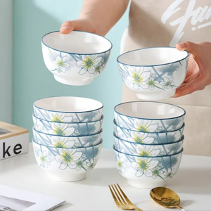 <b>Ceramic</b> Rice Bowl Set With Daffodil Design Stackable Household Steamed <b>Egg</b> Bowl 6pcs High Temperature Underglaze Decoration - Product Image 2