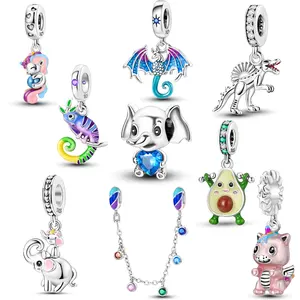 Fit Original Charms Bracelet 925 Silver Flying Unicorn Dinosaur Elephant Chameleon Bead Colorful Zircon Safety Chain DIY Jewelry