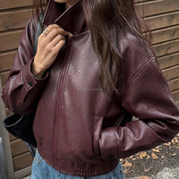 Veste en similicuir pour femme, blouson vintage en PU, fermeture éclair, style motard, ourlet élastique, coupe courte, logo personnalisé