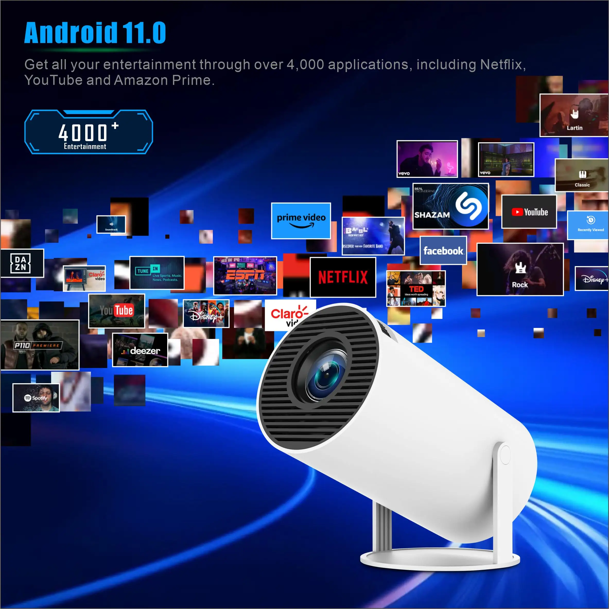 Proyector inteligente HY300 con Android TV 11,0 Proyector 4K Compatible Mini proyector portátil de películas para exteriores