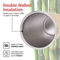 Livraison gratuite aux États-Unis - Tasse en bambou adaptée au porte-gobelets de voiture - Tasse à café - Gobelet isotherme de voyage - Tasse en acier inoxydable écologique