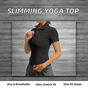 Haut de sport respirant à col polo noir pour femme, manches courtes, avec fermeture éclair, pour le yoga et les activités de plein air - Product Image 4