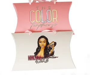 Custom logo paperboard full color hair packaging box wig folding pillow box with handle