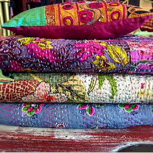 Ethnic <b>Indian</b> Vintage Cotton Sari Fruit Print Hand Stitched Kantha <b>Throw</b> - Product Image 1