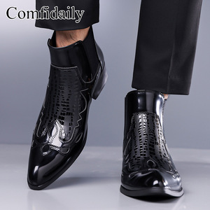 Bottines pour hommes Comfdaily, bout pointu, cuir verni, imprimé animal, bottines Chelsea, bande élastique, tendance de la mode, toutes saisons, 38-48 - Product Image 4