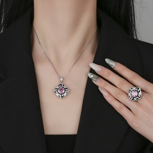 Fashion Eco-friendly Copper Vintage Geometric Pendant Ring Set 10MM Pink Cubic Zirconia Jewelry Set for Feminine Style - Product Image 6