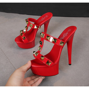 Fashion Shoes Rivet 13CM15CM Platform Sandals High <b>Heels</b> Women Sexy Elegant Ladies Slippers - Product Image 6
