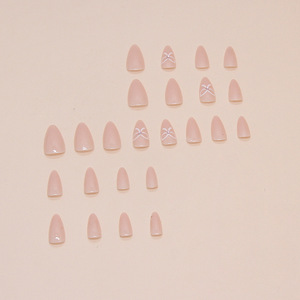 Set <span class=keywords><strong>de</strong></span> 24 Piezas <span class=keywords><strong>de</strong></span> <span class=keywords><strong>Uñas</strong></span> Postizas Acrílicas Estilo Coffin en Tonos Nude <span class=keywords><strong>y</strong></span> <span class=keywords><strong>Rosa</strong></span> Almendra con Lazo <span class=keywords><strong>Blanco</strong></span> Minimalista para Salón o DIY - Product Image 4