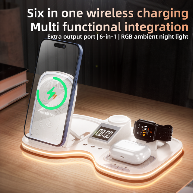 New Arrivals Multifunctional Desktop 6 in 1 Wireless Charging With RGB Night Light Digital Clock for iphone Home Office Holder