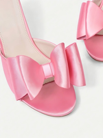 Sandales mules roses en satin pour femmes, à bout rond et talon épais, avec nœud surdimensionné et strass, chaussures de soirée pour la vente en gros