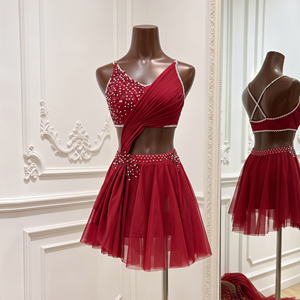 Traje de Danza Lírica Color Borgoña para Mujer Adulta, Sin Mangas, con Adornos de Pedrería, para Actuaciones en Escenario, Ballet Contemporáneo - Product Image 3