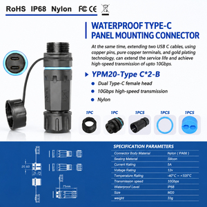Connecteur de montage sur panneau double Type-C étanche IP68 M20 10 Gbit/s 5A, coupleur d'extension USB-C femelle-femelle haute vitesse - Product Image 2