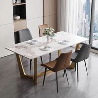 Ensemble de table à manger moderne Hanyee avec 6 chaises, plateau en ardoise grise italienne, structure en acier carbone doré, mobilier haut de gamme pour salle à manger