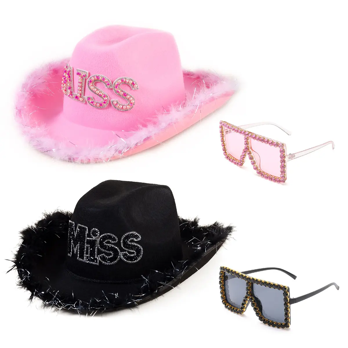 Estilo occidental fiesta pluma vaquera sombreros para mujeres niñas moda lentejuelas MISS sombrero de vaquero diamante gafas de sol Jazz sombreros conjunto