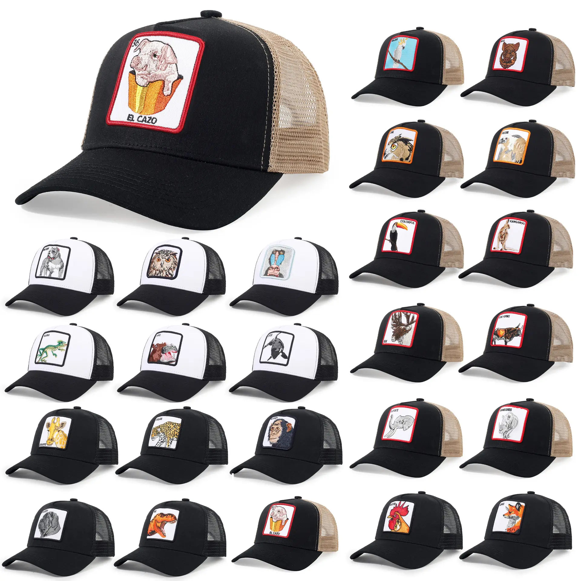 Pabrik grosir desain Anda sendiri Logo kustom hewan Patch topi bisbol hewan jala topi Trucker untuk pria