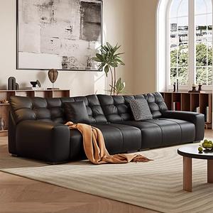 Juego <span class=keywords><strong>de</strong></span> Sofás <span class=keywords><strong>de</strong></span> <span class=keywords><strong>Cuero</strong></span> Genuino Minimalista Italiano, Sofá Modular Moderno para Sala <span class=keywords><strong>de</strong></span> Estar Familiar Pequeña, Sofá Cama Negro Grande, Personalizable - Product Image 1
