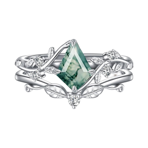 Cincin perak Sterling 925 untuk wanita, cincin batu akik lumut alami, cincin janji pertunangan daun hijau potongan layang-layang - Product Image 1