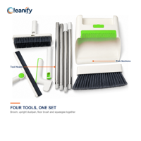 Kit complet 4-en-1 : balai, pelle, brosse à sol et raclette, avec manche en acier inoxydable à 2 sections