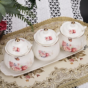 <span class=keywords><strong>Set</strong></span> Vintage di 3 Pezzi in Ceramica Porcellana con Motivi Floreali: Zuccheriera, Lattiera e Ciotola per Condimenti con Coperchio e Cucchiaio, Vassoio per Caffè, Tè, Spezie e Sale - Product Image 5