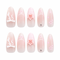 Faux ongles à presser en amande, rose nude, avec nœud 3D et motif étoile, style French, réutilisables, couvrance totale, prêts à poser