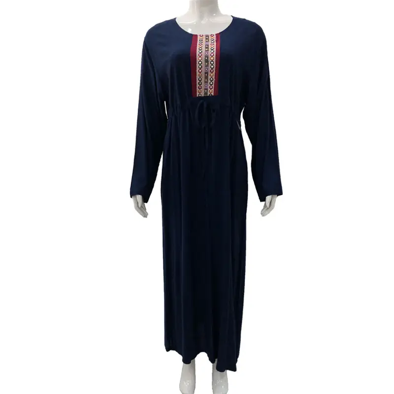 Wholesale Mid East Muslim Clothing Women 100% Rayon Royal Blue High Waist Embroidery Dress